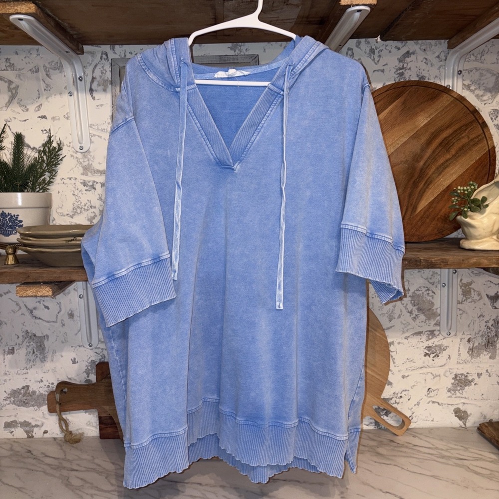Jane & Delancey 1x Women's Short Fleece Faded Cozy Sweatshirt Short Sleeve Blue